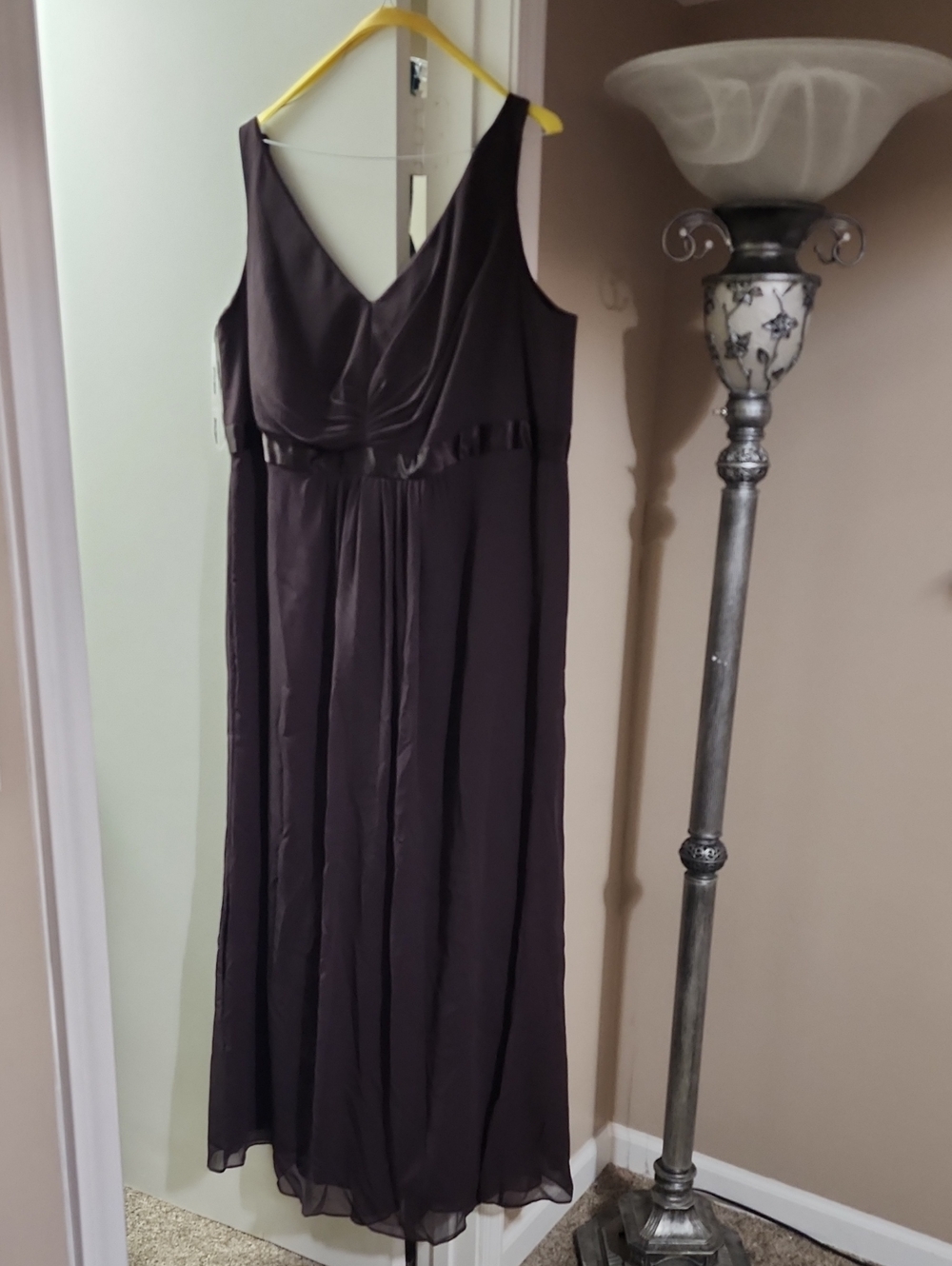 David's Bridal Deep Plum Brown V-Neck Chiffon Maxi Dress
